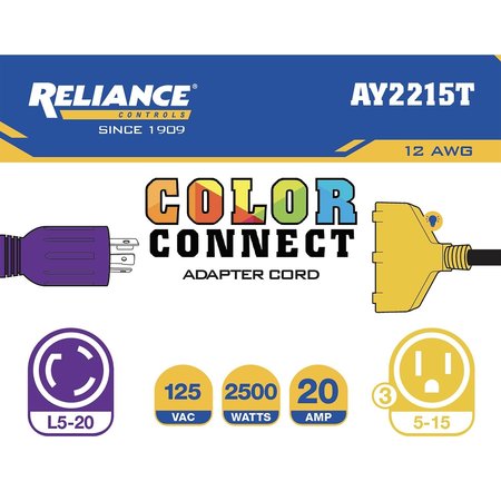 Reliance Controls Color Connect 12/3 SJTW 125 V 12 in. L Splitter Cord AY2215T